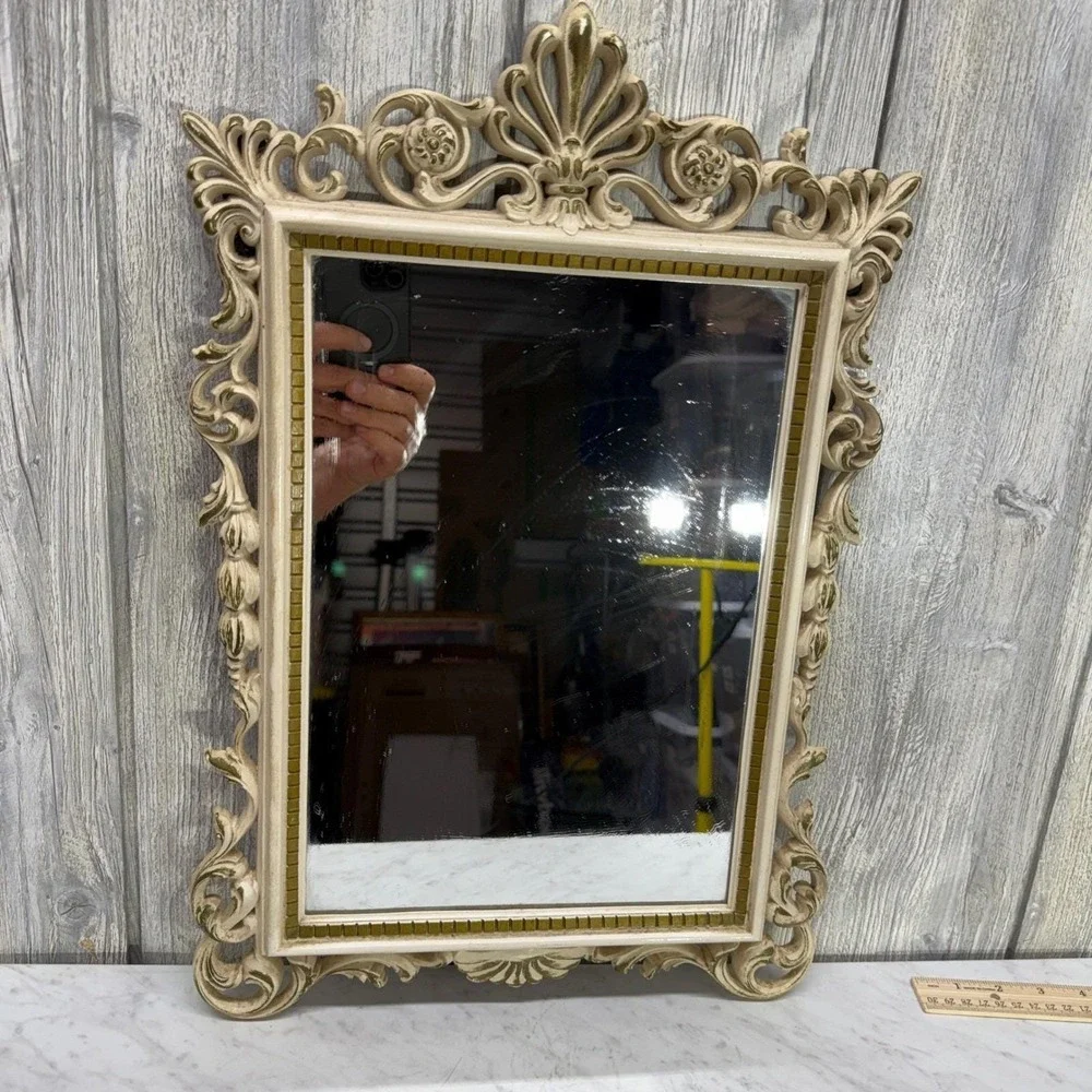 Vintage Rococo Ornate Scroll Vanity Mirror Cream Gold Tabletop Wall Mount 18x14